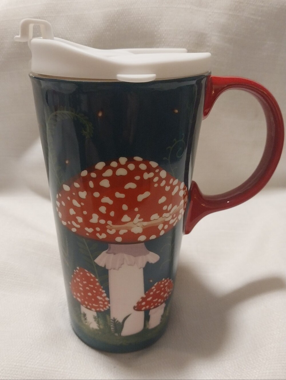 Evergreen Blue & Red Mushroom Tall Ceramic Tumbler Coffee Mug with Lid NWT